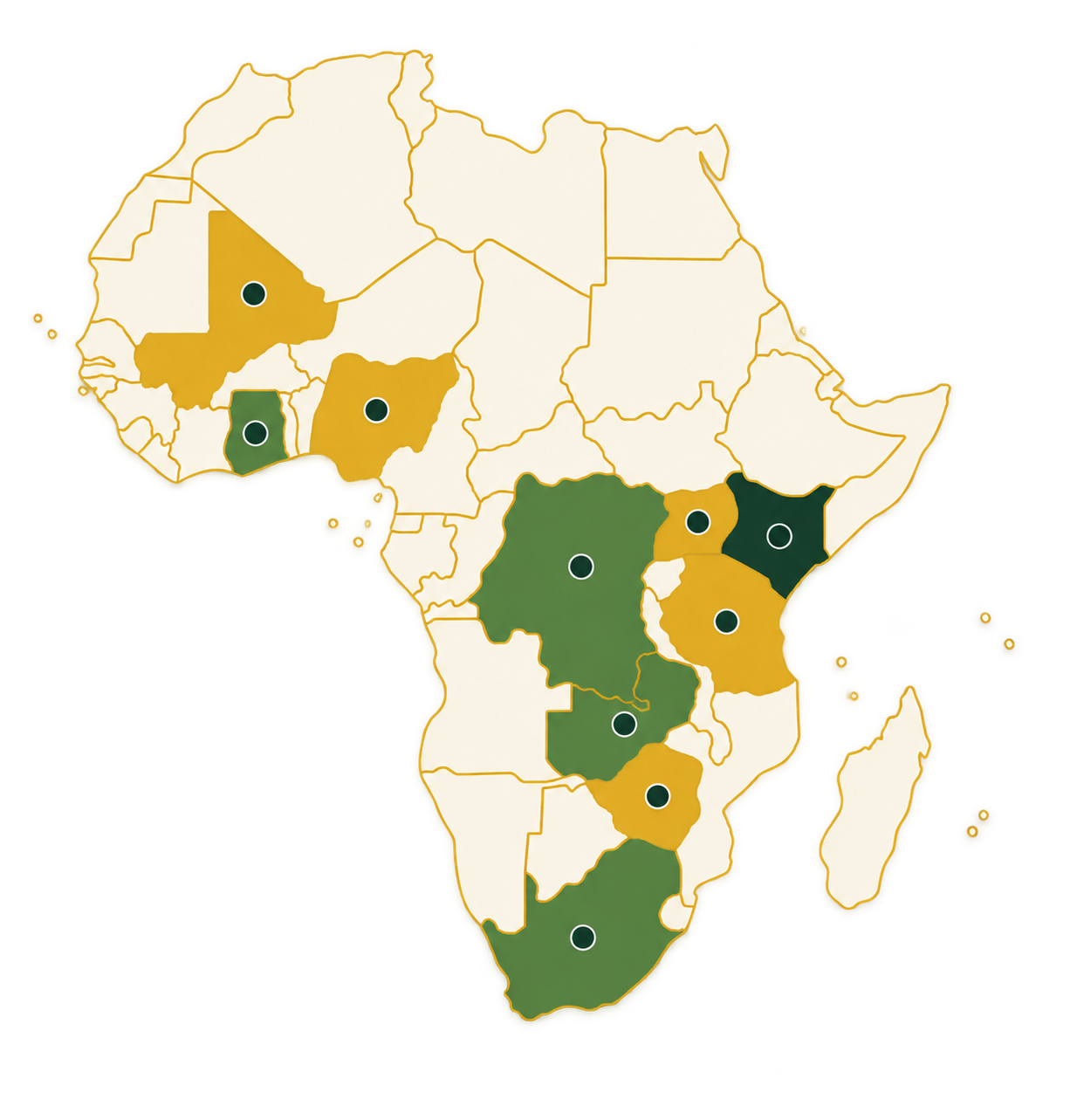 Illustrated map showing AcroTerra's presence across 10 African countries, including Kenya
