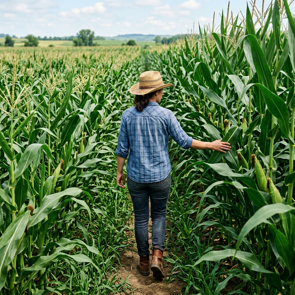 Farmer inspecting corn field
